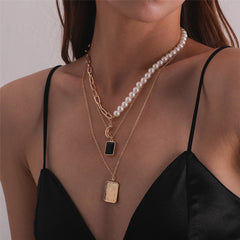 Pearl & Crystal 18K Gold-Plated Rectangle Layered Pendant Necklace