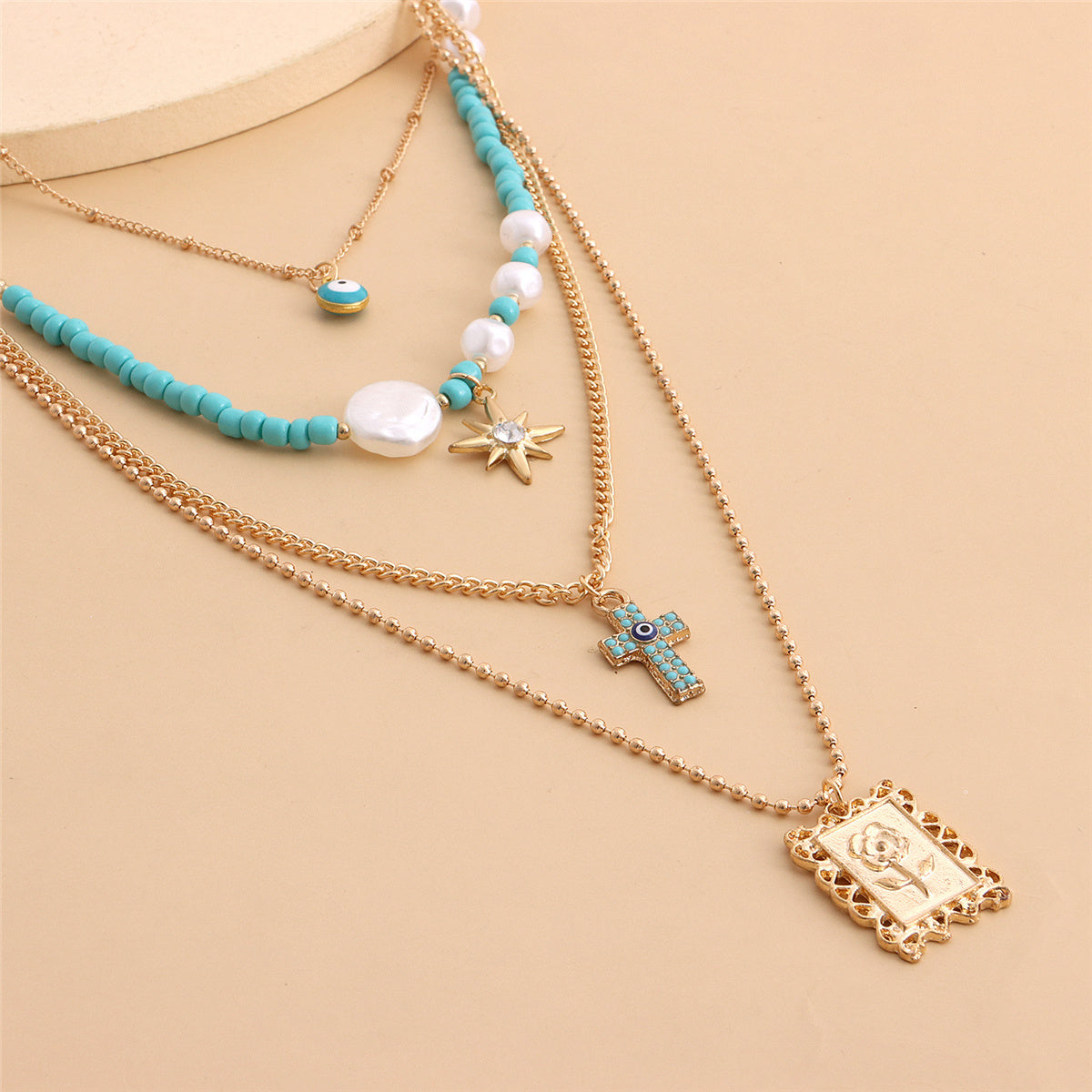 Teal & Cubic Zirconia Rose Card Layered Pendant Necklace