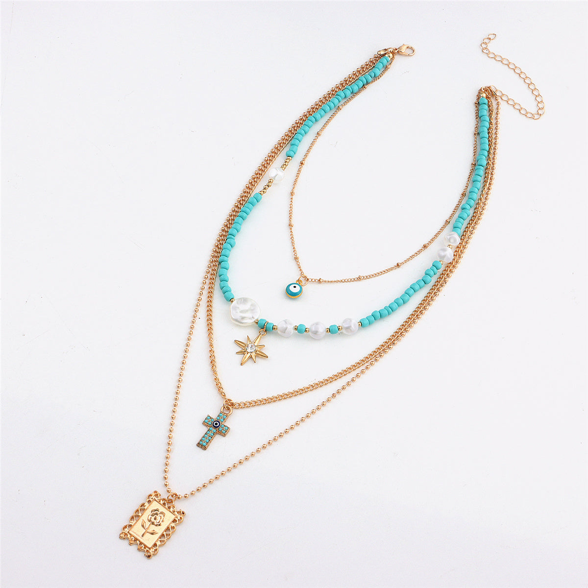 Teal & Cubic Zirconia Rose Card Layered Pendant Necklace