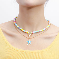 Blue Enamel & Pink Multicolor Clay Heart Star Pendant Necklace Set