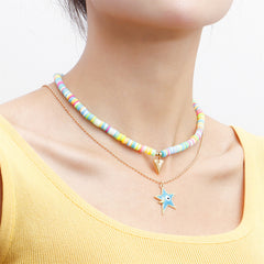 Blue Enamel & Pink Multicolor Clay Heart Star Pendant Necklace Set