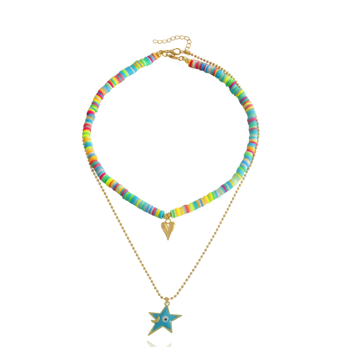 Blue Enamel & Pink Multicolor Clay Heart Star Pendant Necklace Set