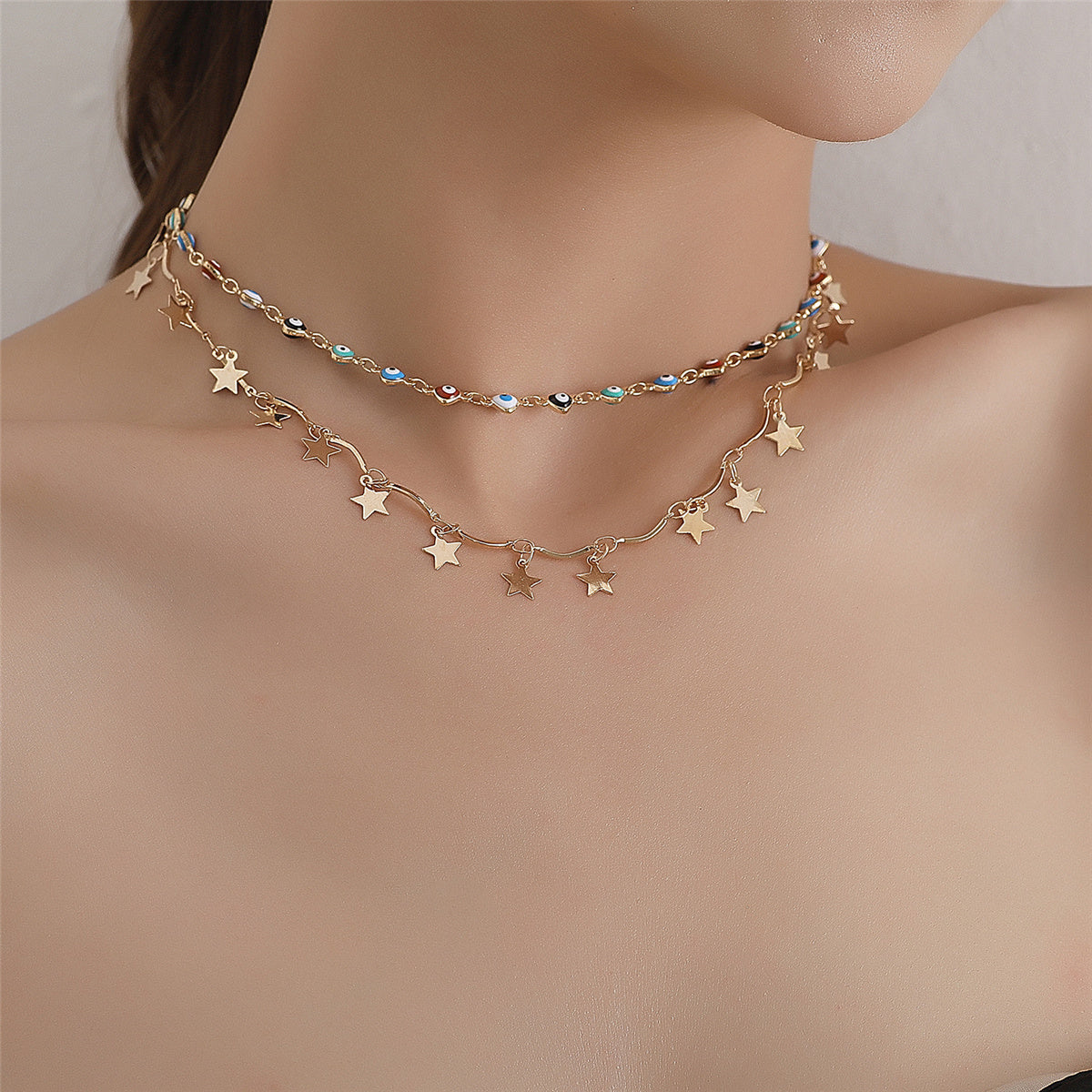 Multicolor Enamel & 18K Gold-Plated Star Eye Layered Station Necklace