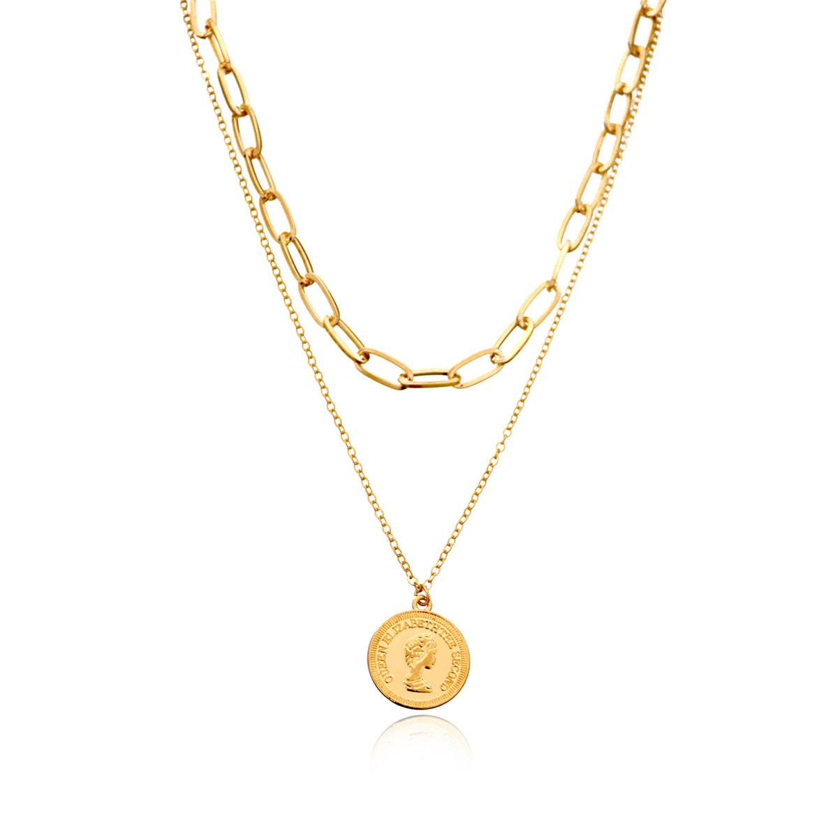 18K Gold-Plated 'Queen Elizabeth' Coin Layered Pendant Necklace