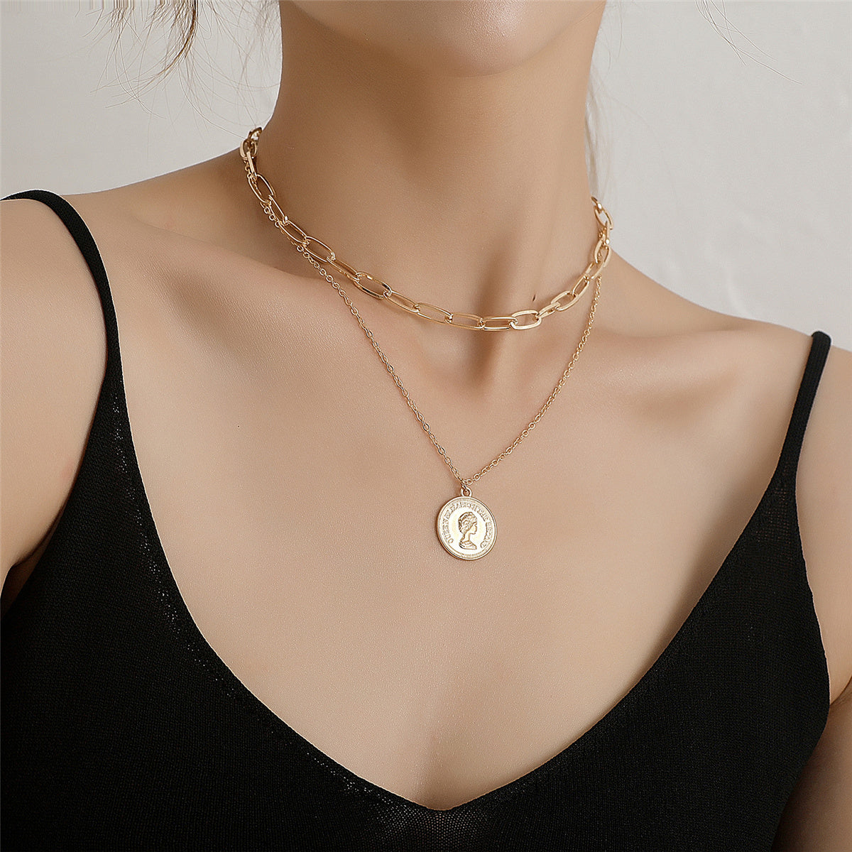 18K Gold-Plated 'Queen Elizabeth' Coin Layered Pendant Necklace