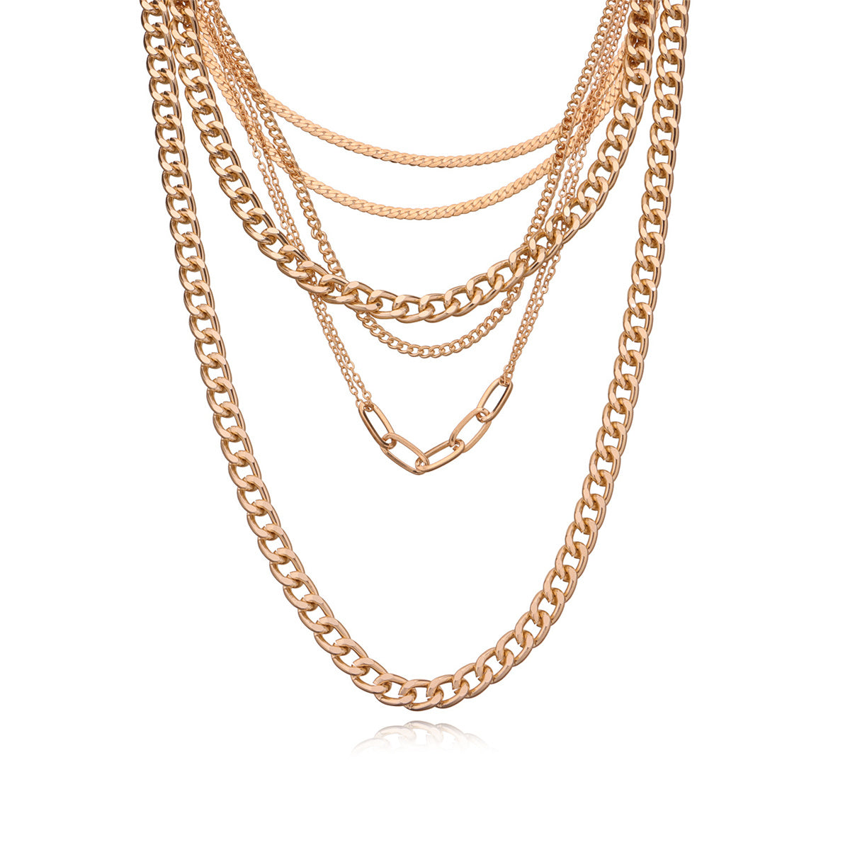 Eye-catching multi-layered Cuban chain necklace in 18K gold plating, ideal for elevating your jewelry collection.