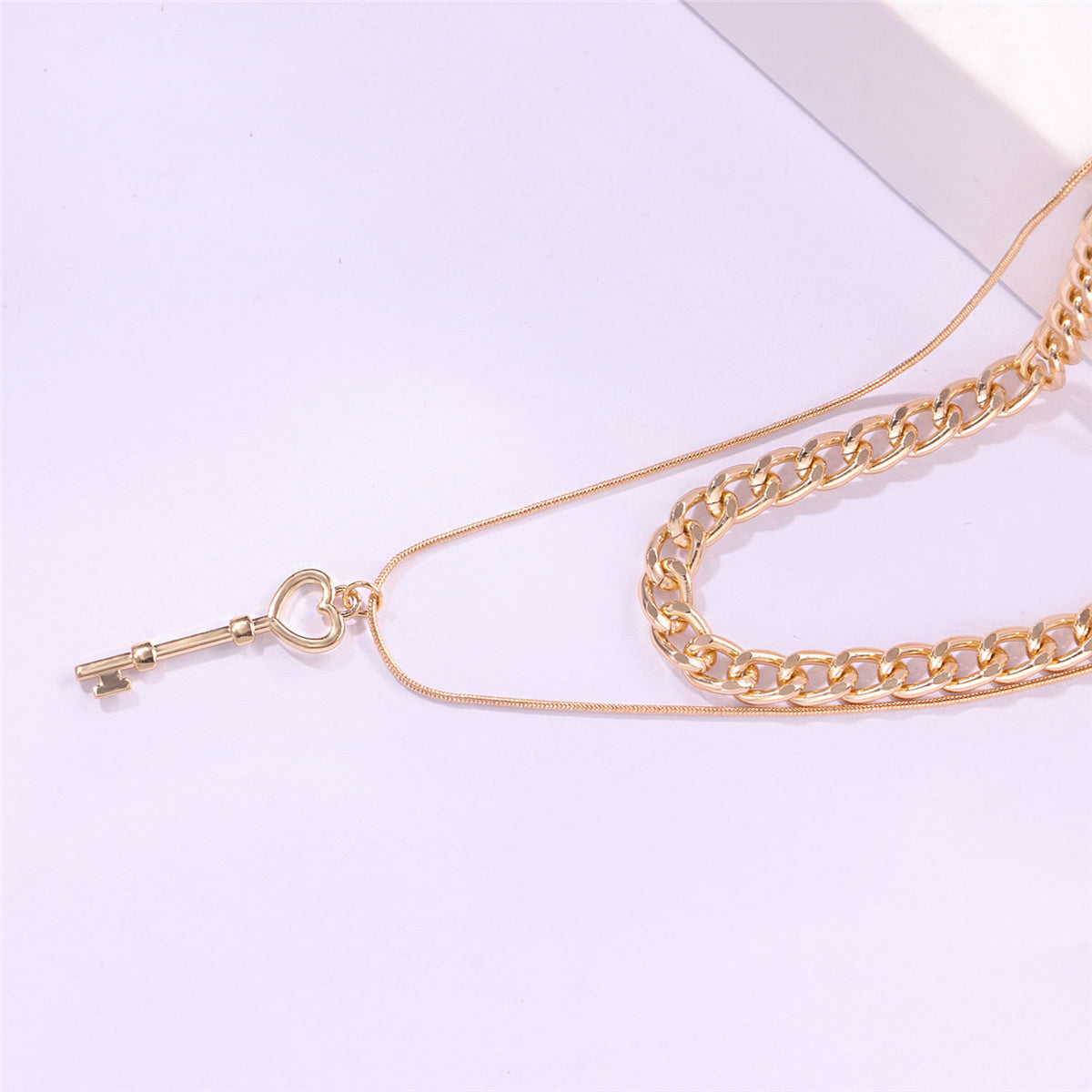 18K Gold-Plated Key Curb Chain Layered Pendant Necklace