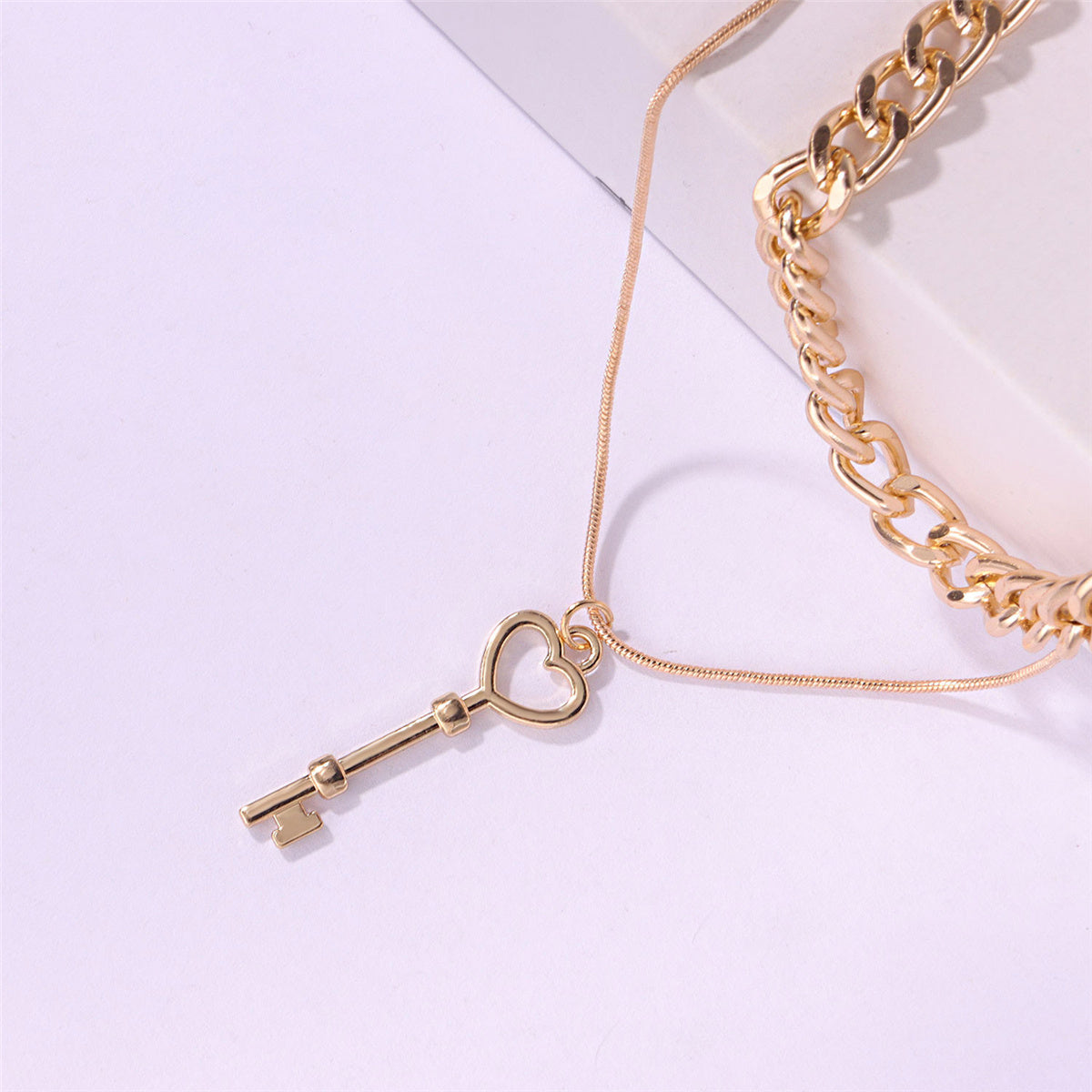 18K Gold-Plated Key Curb Chain Layered Pendant Necklace