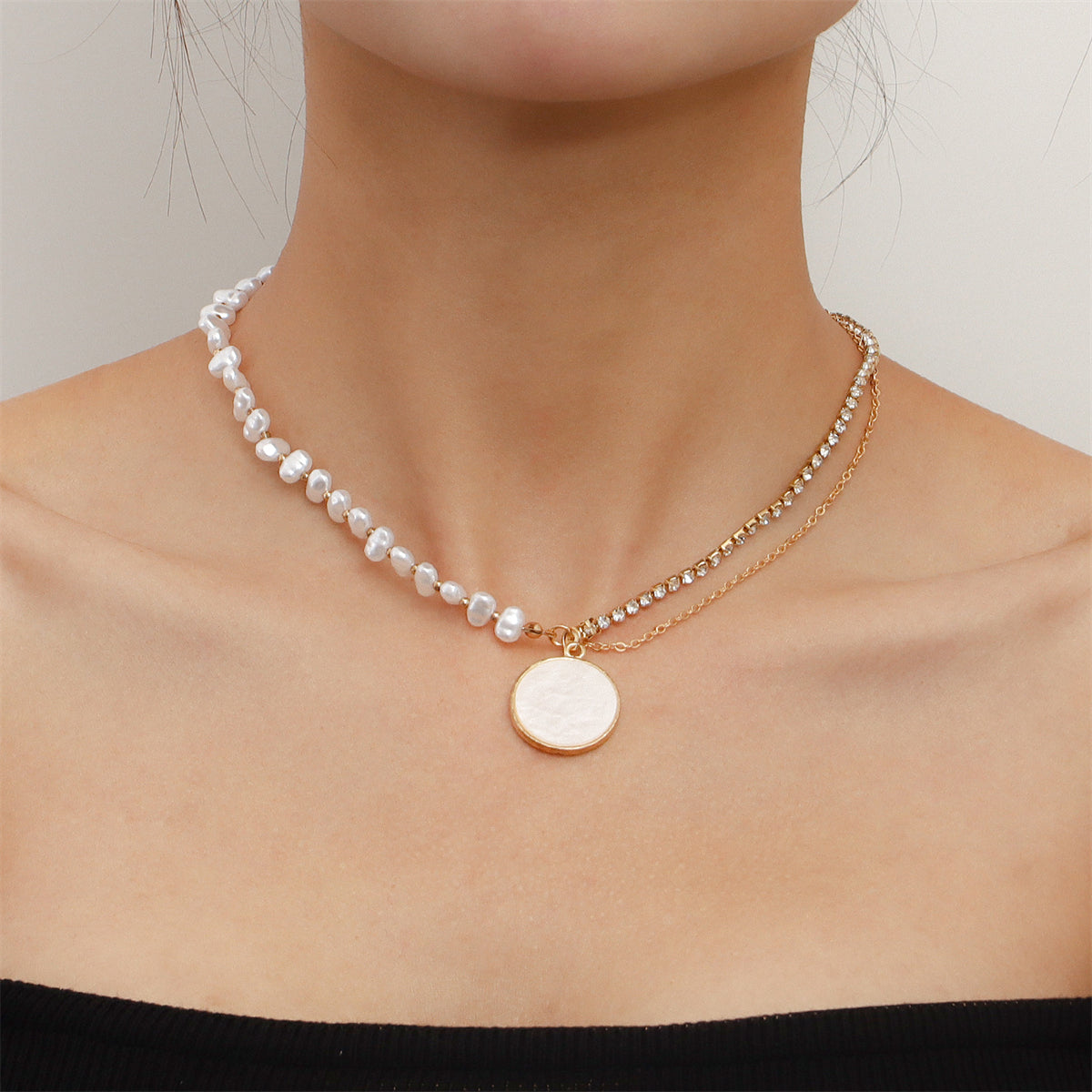 Cubic Zirconia & Pearl Asymmetrical Round Layered Pendant Necklace