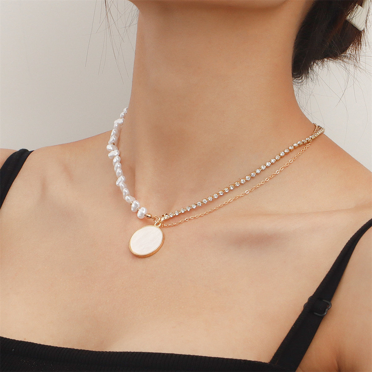 Cubic Zirconia & Pearl Asymmetrical Round Layered Pendant Necklace