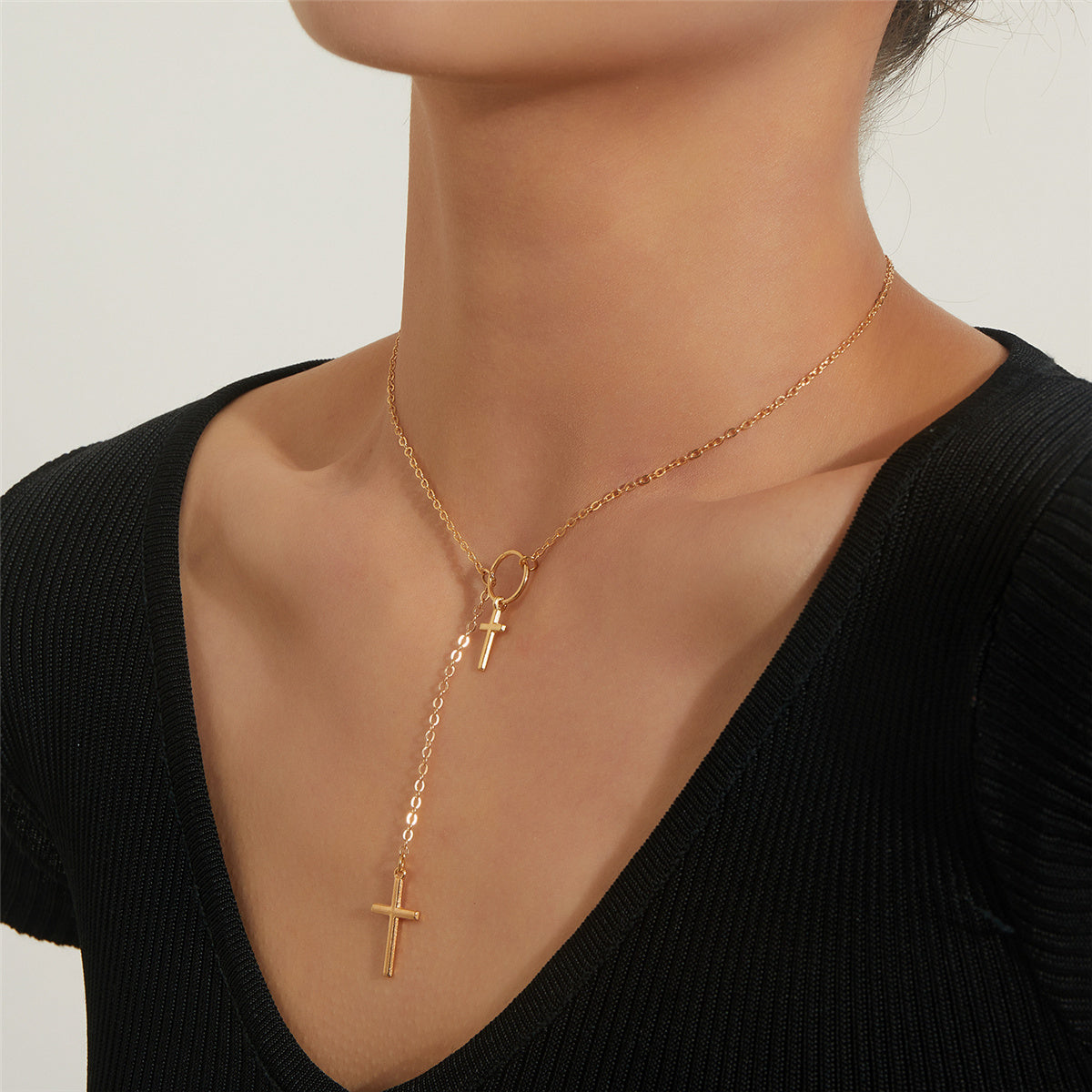 18K Gold-Plated Double-Cross Lariat Necklace