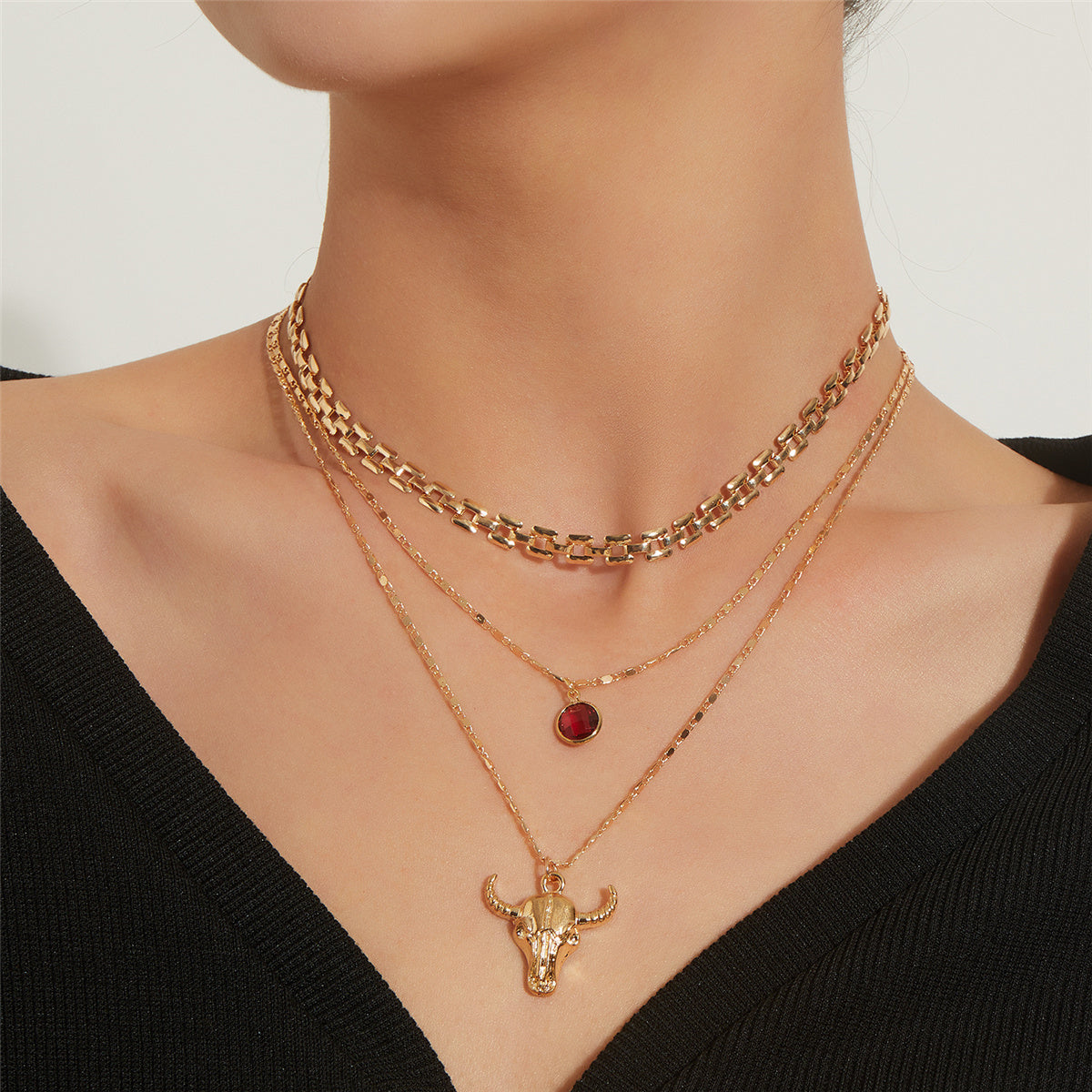 Crystal & 18K Gold-Plated Cattle Layered Pendant Necklace Set