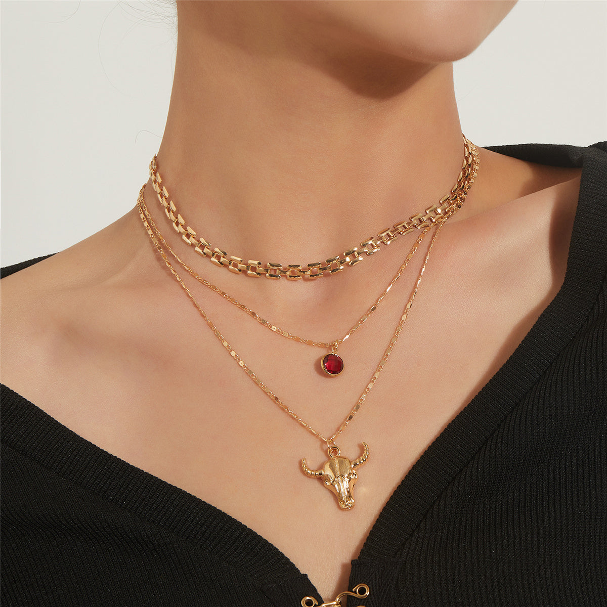 Crystal & 18K Gold-Plated Cattle Layered Pendant Necklace Set