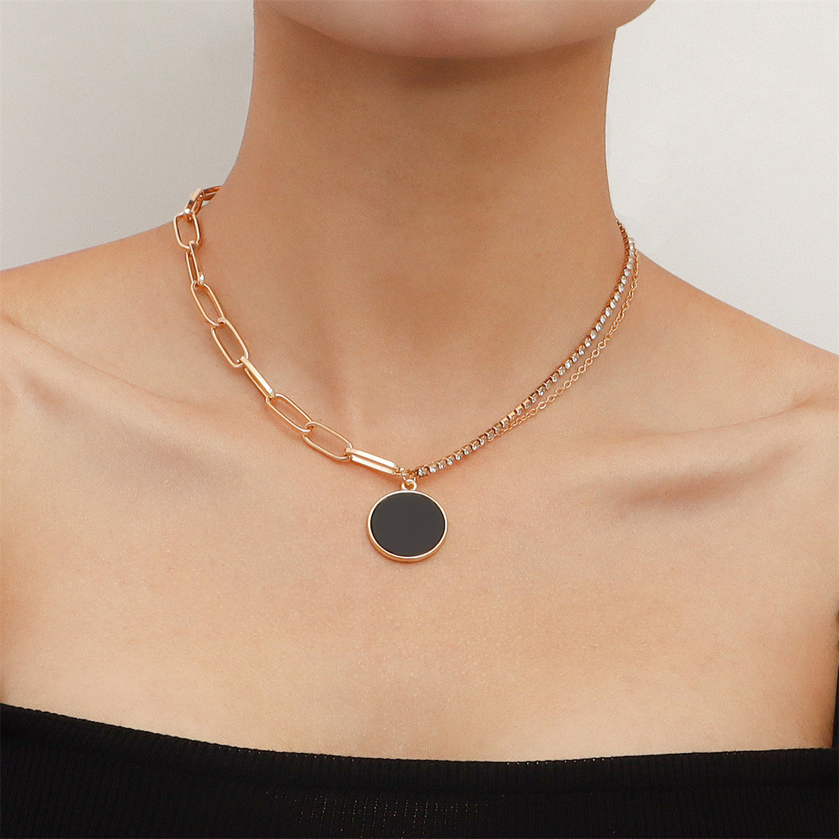 Black & Cubic Zirconia Asymmetrical Round Layered Pendant Necklace