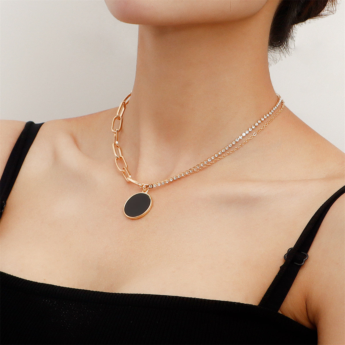 Black & Cubic Zirconia Asymmetrical Round Layered Pendant Necklace