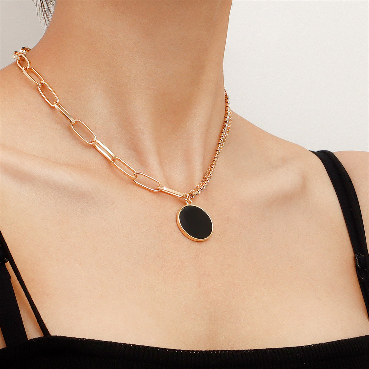 Black & Cubic Zirconia Asymmetrical Round Layered Pendant Necklace