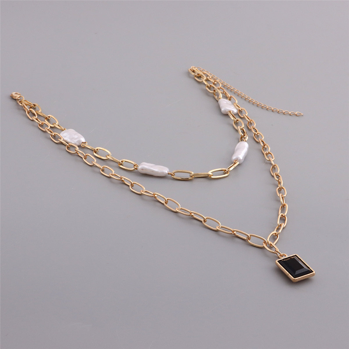 Pearl & Crystal 18K Gold-Plated Rectangle Layered Pendant Necklace