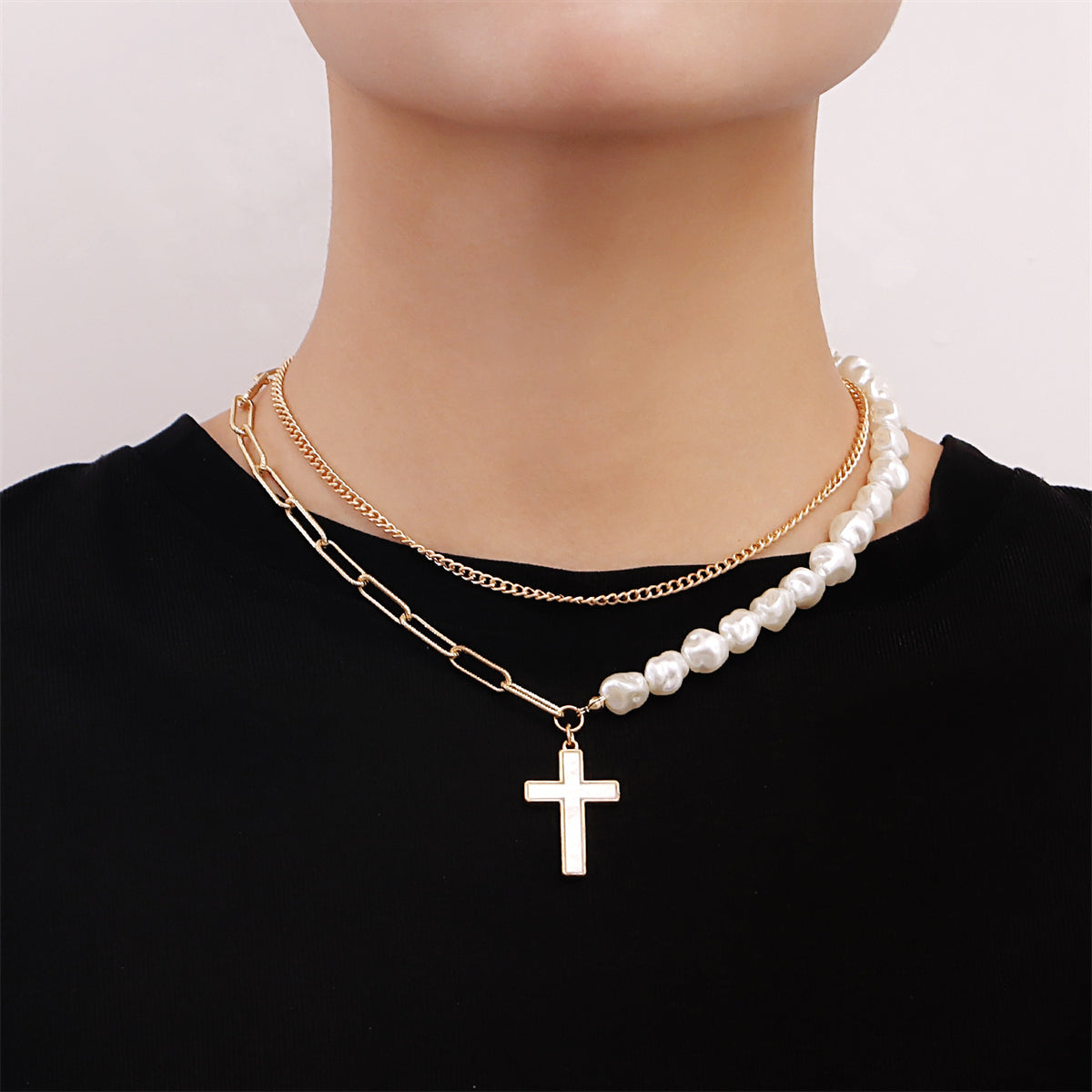 Pearl & 18K Gold-Plated Cross Pendant Layered Necklace