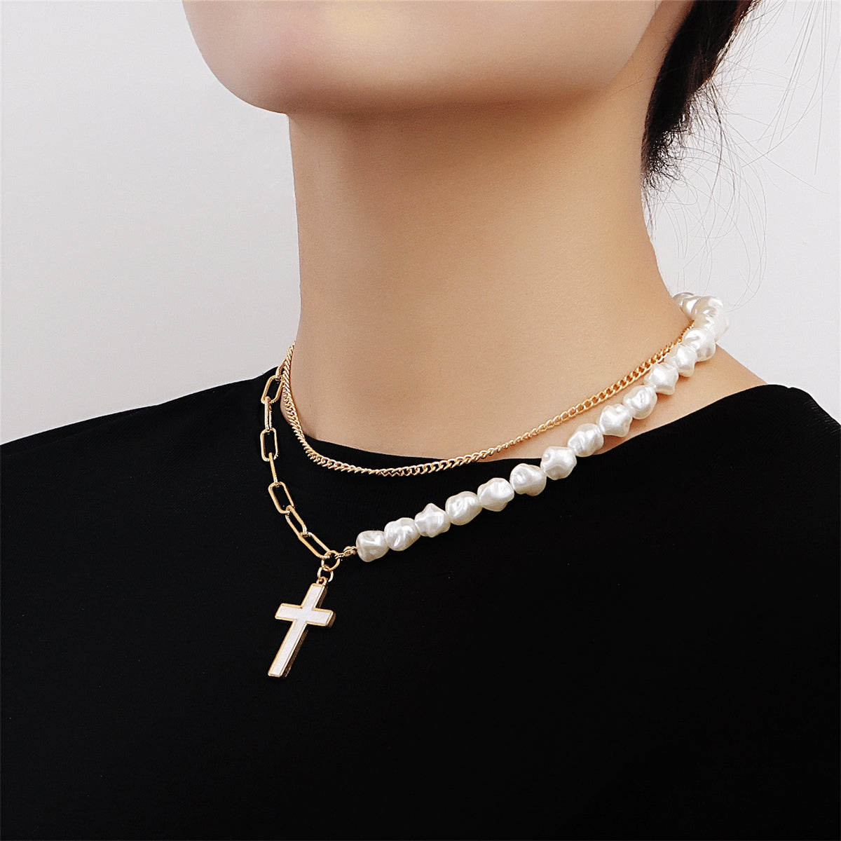 Pearl & 18K Gold-Plated Cross Pendant Layered Necklace