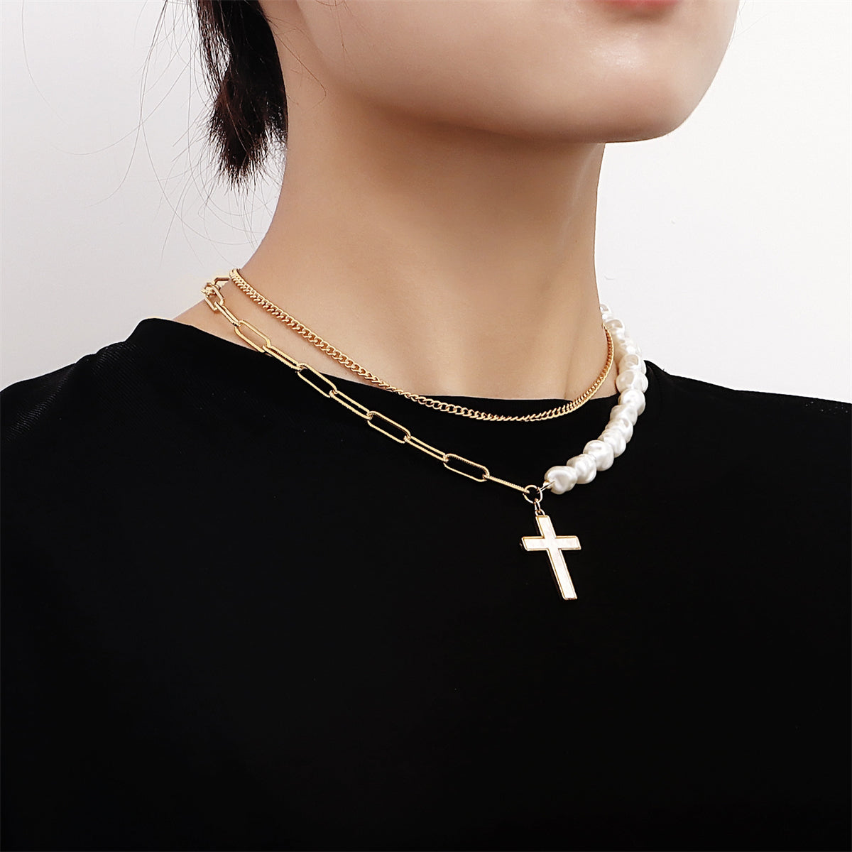 Pearl & 18K Gold-Plated Cross Pendant Layered Necklace