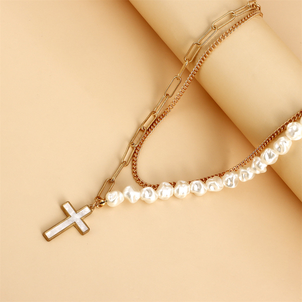 Pearl & 18K Gold-Plated Cross Pendant Layered Necklace