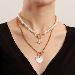 Shell & Pearl 18K Gold-Plated Heart Starfish Pendant Necklace Set