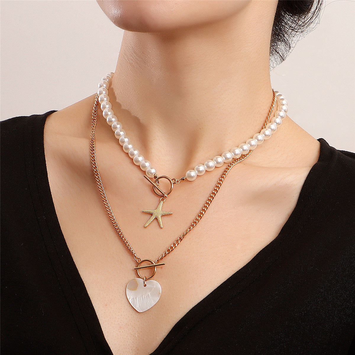 Shell & Pearl 18K Gold-Plated Heart Starfish Pendant Necklace Set