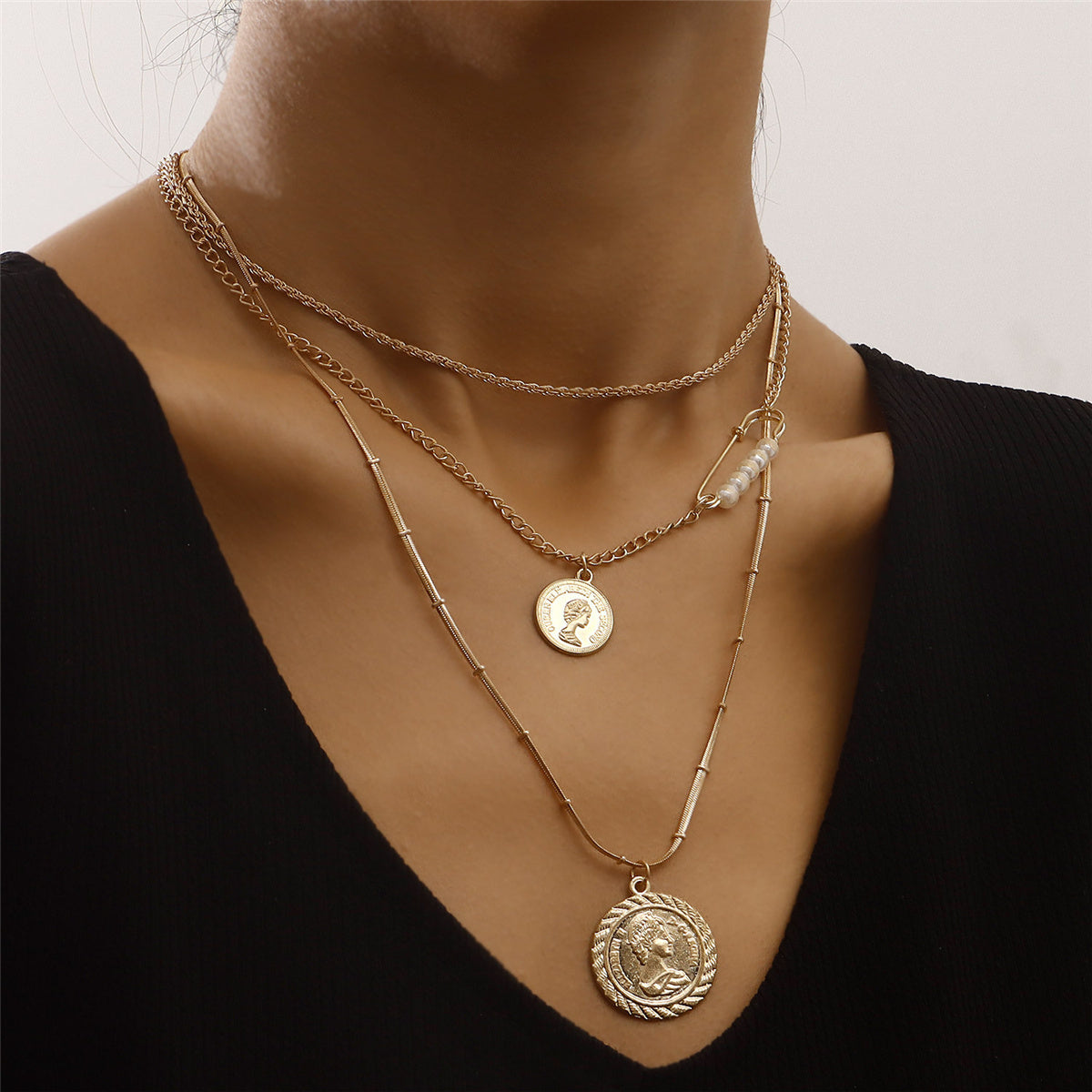 Pearl & 18K Gold-Plated Coin Pendant Layered Necklace