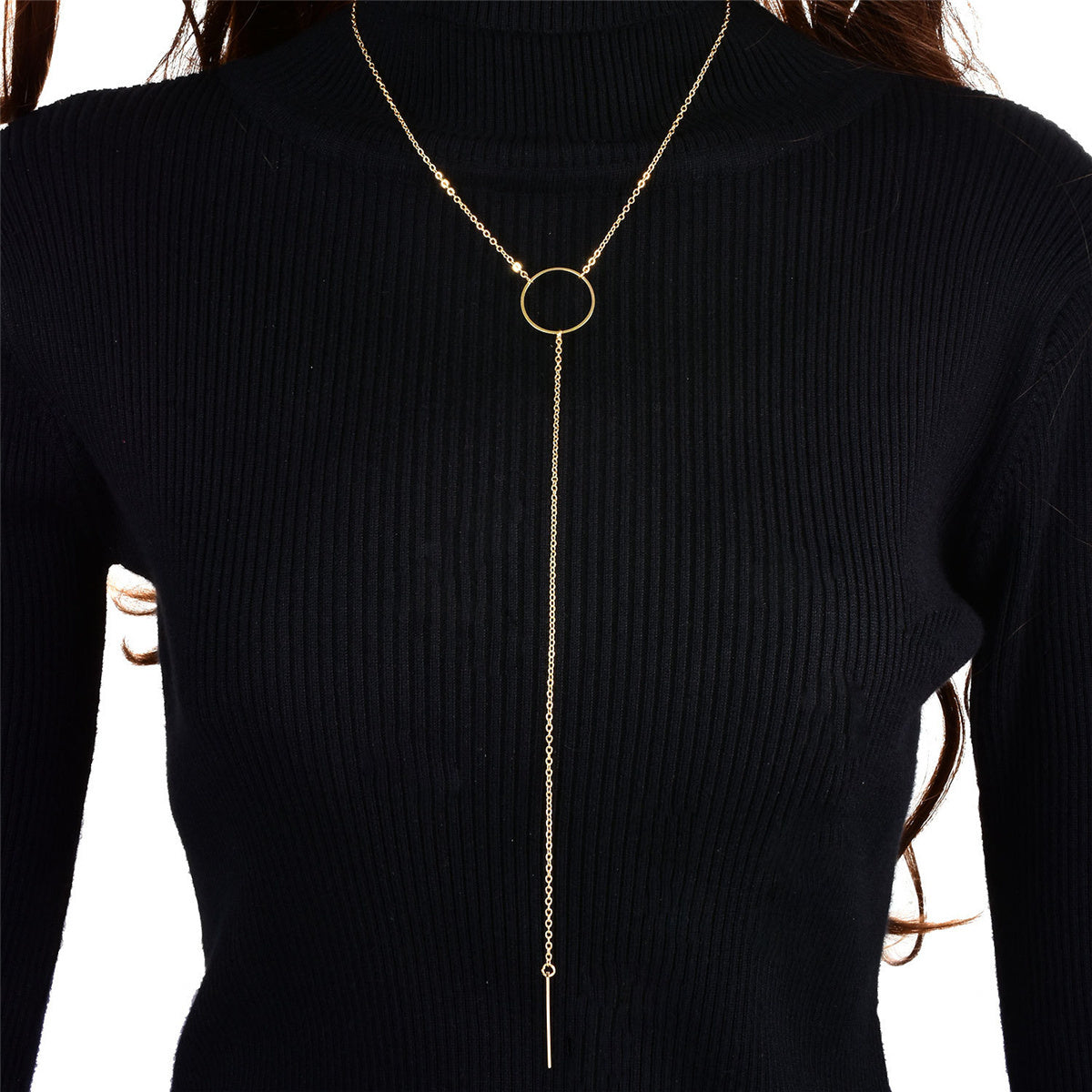 Elegant 18K gold-plated necklace featuring a long chain with a circle and bar pendant, perfect for any occasion.