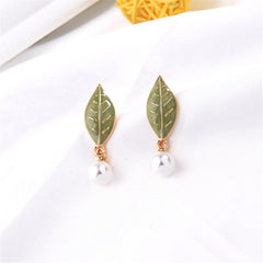 Pearl & Green Enamel 18K Gold-Plated Leaf Drop Earrings