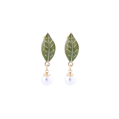 Pearl & Green Enamel 18K Gold-Plated Leaf Drop Earrings
