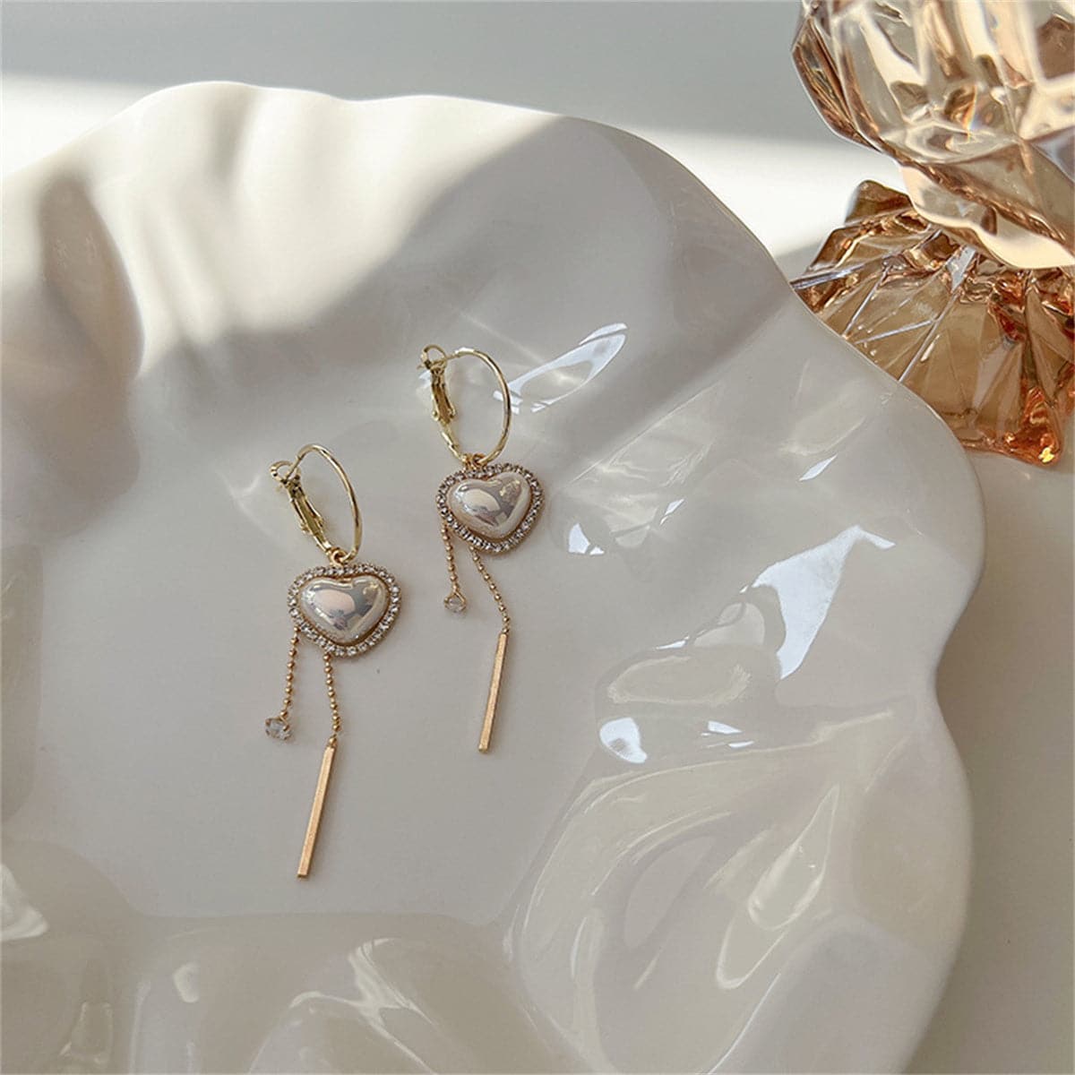 Cubic Zirconia & Pearl 18K Gold-Plated Heart Drop Earrings