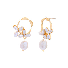 Cubic Zirconia & Pearl 18K Gold-Plated Flower Drop Earrings