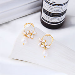 Cubic Zirconia & Pearl 18K Gold-Plated Flower Drop Earrings