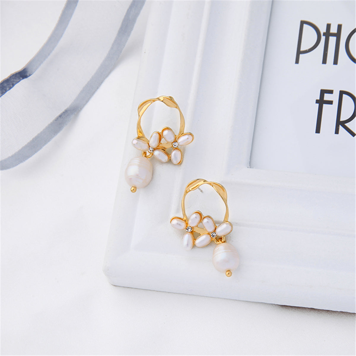 Cubic Zirconia & Pearl 18K Gold-Plated Flower Drop Earrings