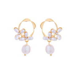 Cubic Zirconia & Pearl 18K Gold-Plated Flower Drop Earrings