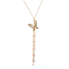 Pearl & Cubic Zirconia Enamel Butterfly Tassel Pendant Necklace