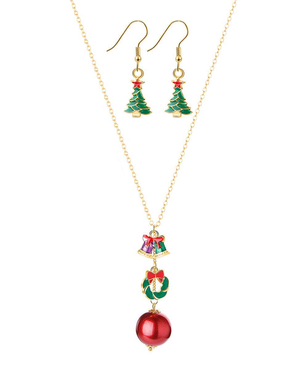 Green & 18K Gold-Plated Christmas Tree Earrings & Wreath Pendant Necklace