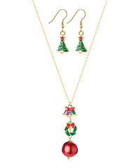 Green & 18K Gold-Plated Christmas Tree Earrings & Wreath Pendant Necklace